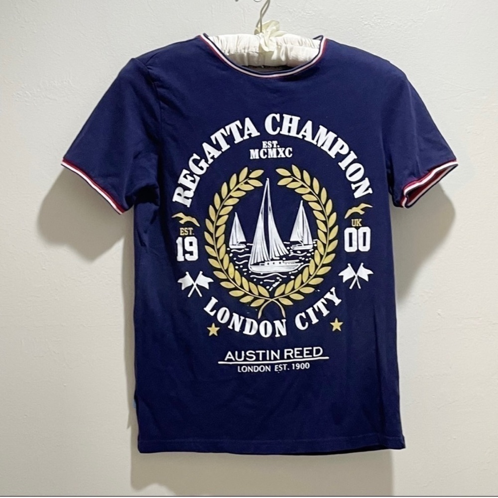 AUSTIN REED Men’s Blue REGATTA CHAMPION Graphic Ringer Tee Shirt Size Small